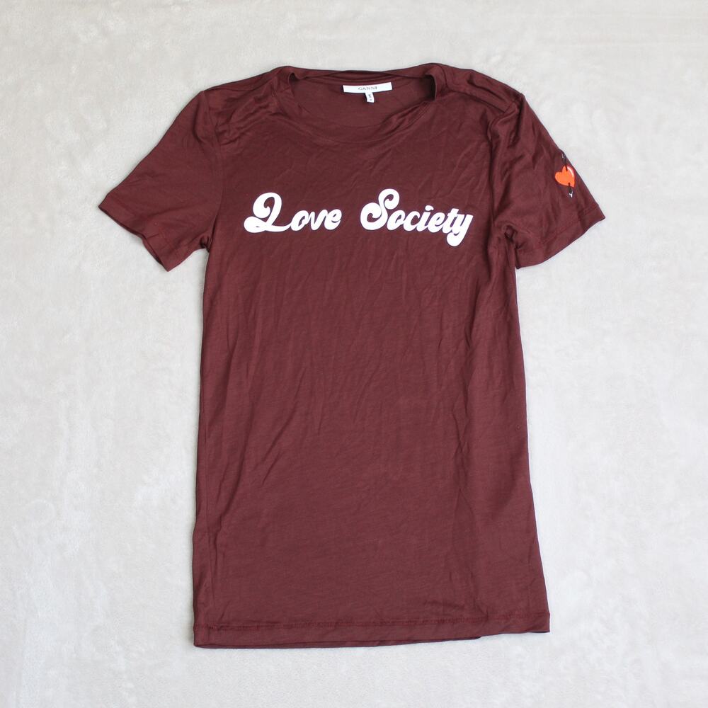 GANNI T-Shirt Womens XS Red Love Society Graphic Tee Short Sleeve Designer